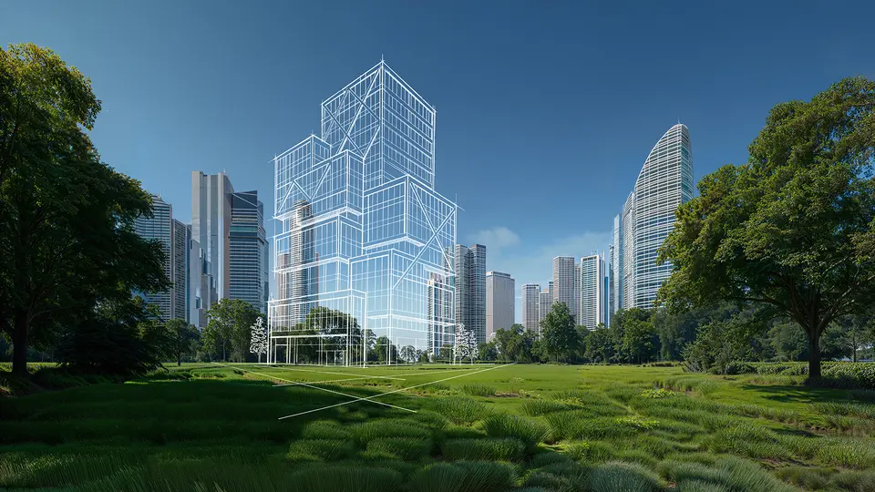 En skiss av en byggnad syns ovanpå ett grönt parkområde framför en stadsskyline.