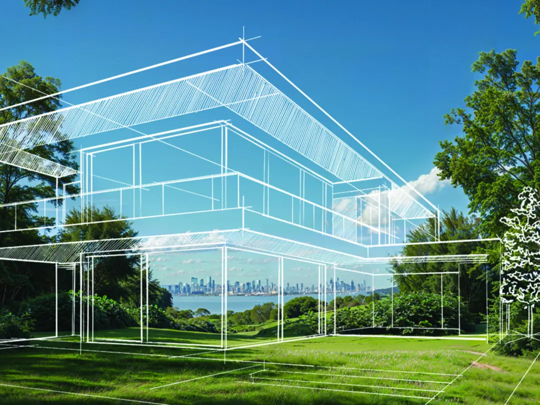 Illustration av en modern byggnad som överlappar en grönskande äng med träd i bakgrunden och en klar himmel. Byggnadens konturer visas som en vit linjeskiss mitt i bilden och harmoniserar med naturen runt omkring.