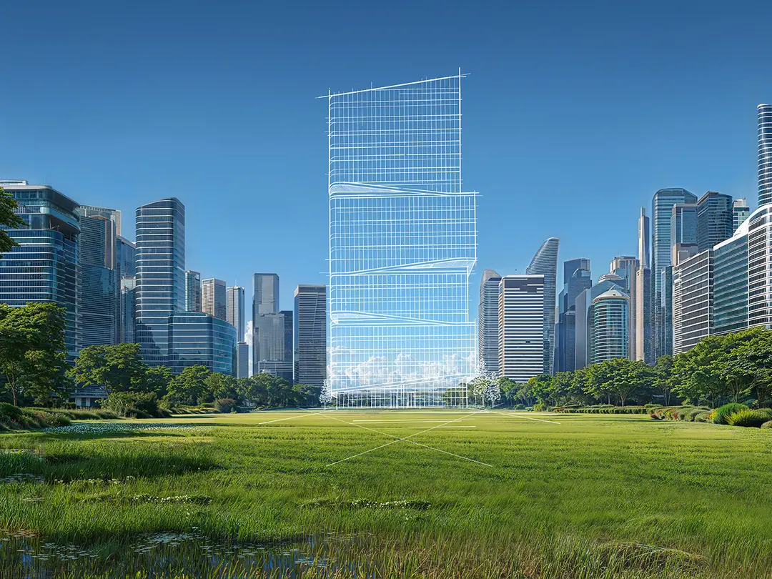 En skyskrapa under konstruktion omgiven av moderna byggnader och grönska.